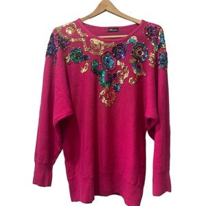 Vintage SML Glitz 80s Pink Knit Sequin‎ Funky Cotton Blend Sweater sz XL.